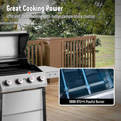 4+1 Burner Gas Grill, All Stainless Steel Outdoor BBQ Grill with Enameled Coated Chamber Body, 48,000 BTU Garden Barbecue Grill with Porcelain-Enameled Cast lron Grates, Grill Cover Included