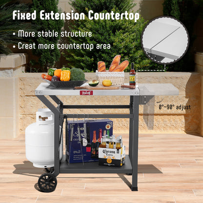 Feasto Outdoor Grill Table, 40’’x20’’, Movable Pizza Oven Table with Wheels, Stainless Steel Countertop Grill Cart with Storage Shelf & Foldable Extension Table, 6 Extra Hooks,for BBQ Food Prep