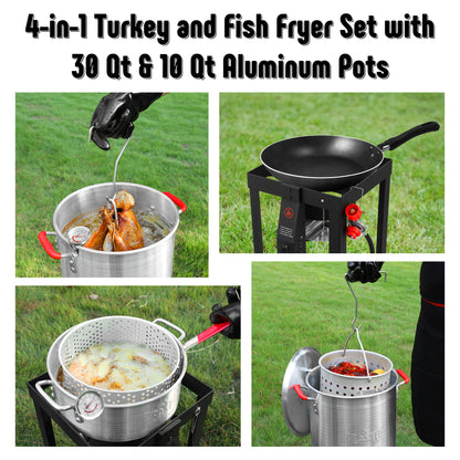 FEASTO 4 in 1 Turkey and Fish Fryer Set with 30 Qt & 10 Qt Aluminum Pots Electronic Ignition Outdoor Propane Gas Cooker with Adjustable 0-10 PSI Regulator Non-Assembly Frame Stand