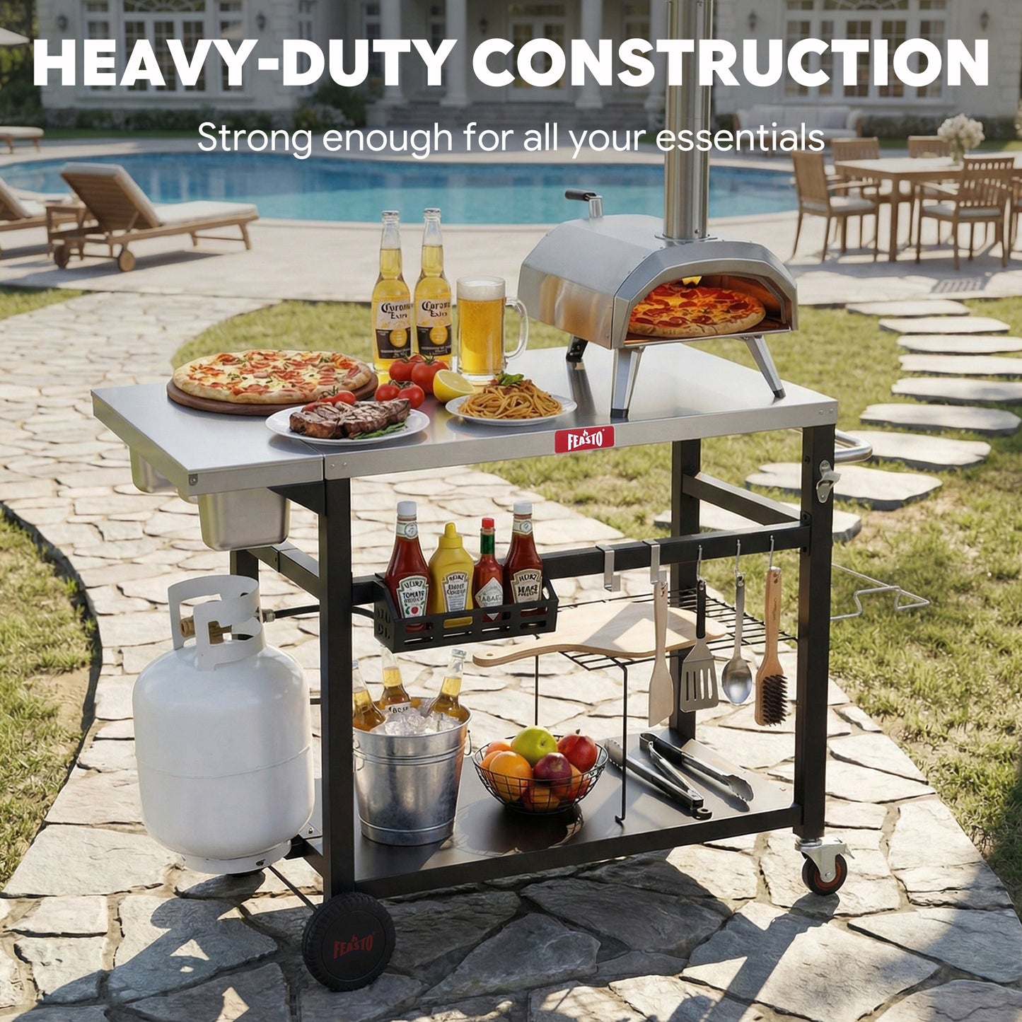 Feasto Outdoor Pizza Prep Station,Stainless Steel Top with 4 Ingredients Containers(Add to cart and enjoy an additional 7% discount)