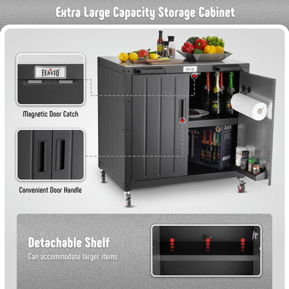 FEASTO Movable Outdoor Table Outdoor Storage Cabinet 304 Stainless Steel Top for Outdoor Kitchen Island or Bar Cart Grill Cart Pizza Oven Table Outdoor Table with Storage L35.4” x W24”