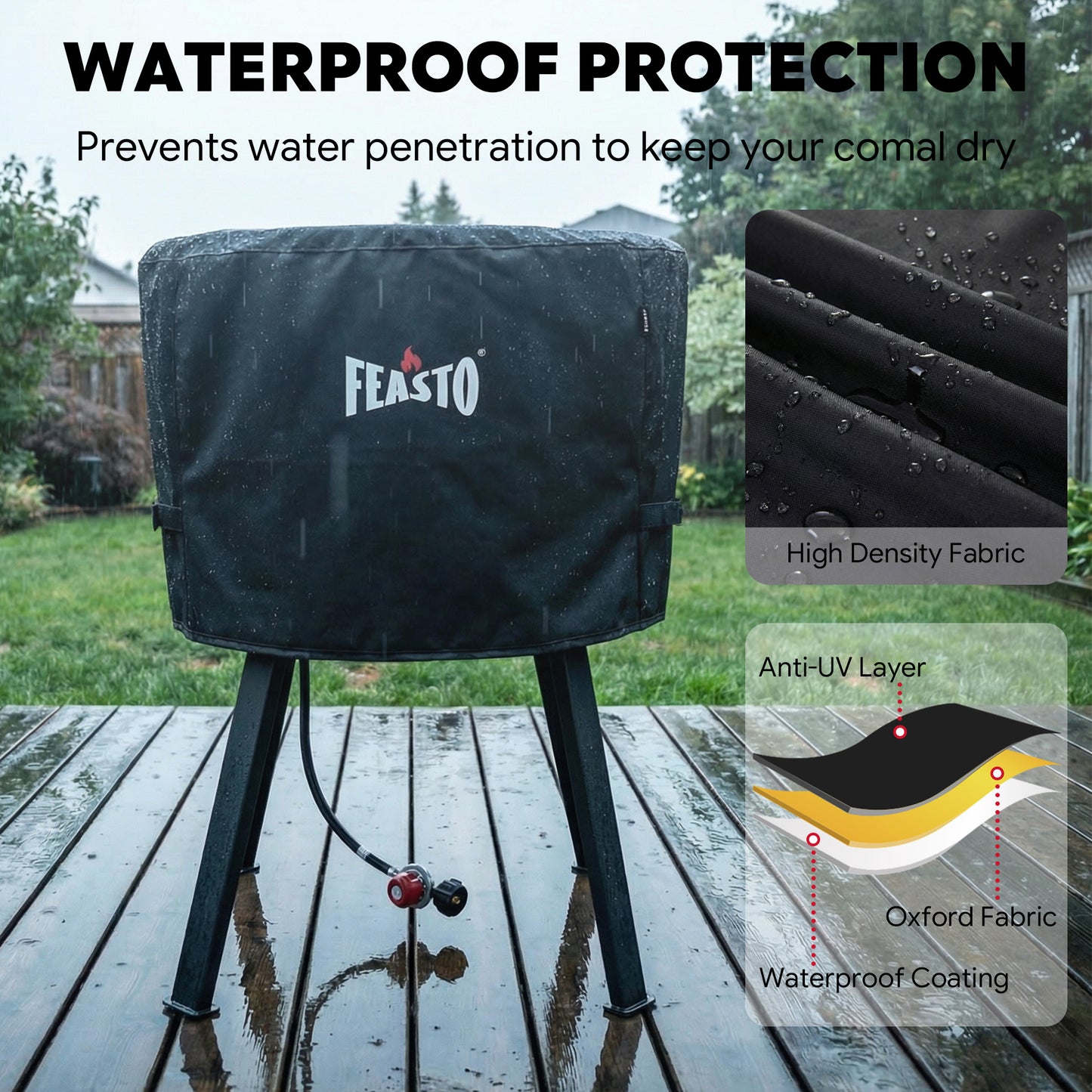 FEASTO 28-Inch Outdoor Concave Comal Cover, Waterproof 600D Heavy Duty BBQ Grill Cover, with Hook and Loop Straps, Black