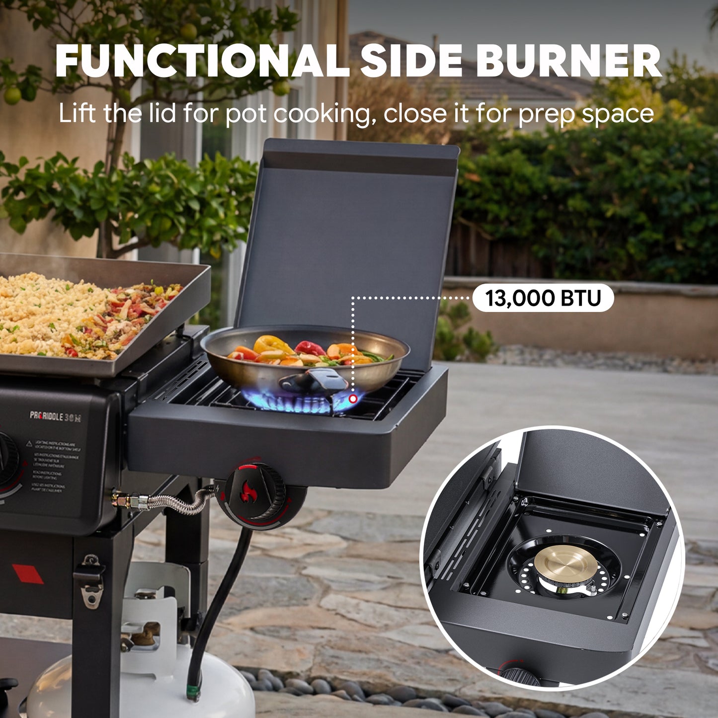 FEASTO 36" 4-Burner Propane Gas Griddle with Side Burner, 63,000 BTU, 720 Sq. In. Cooking Area, Outdoor Flat Top Grill with Grease Cup, Disposable Foil Liners & Foldable Side Table, for Patio, Backyard, BBQ Party, Black