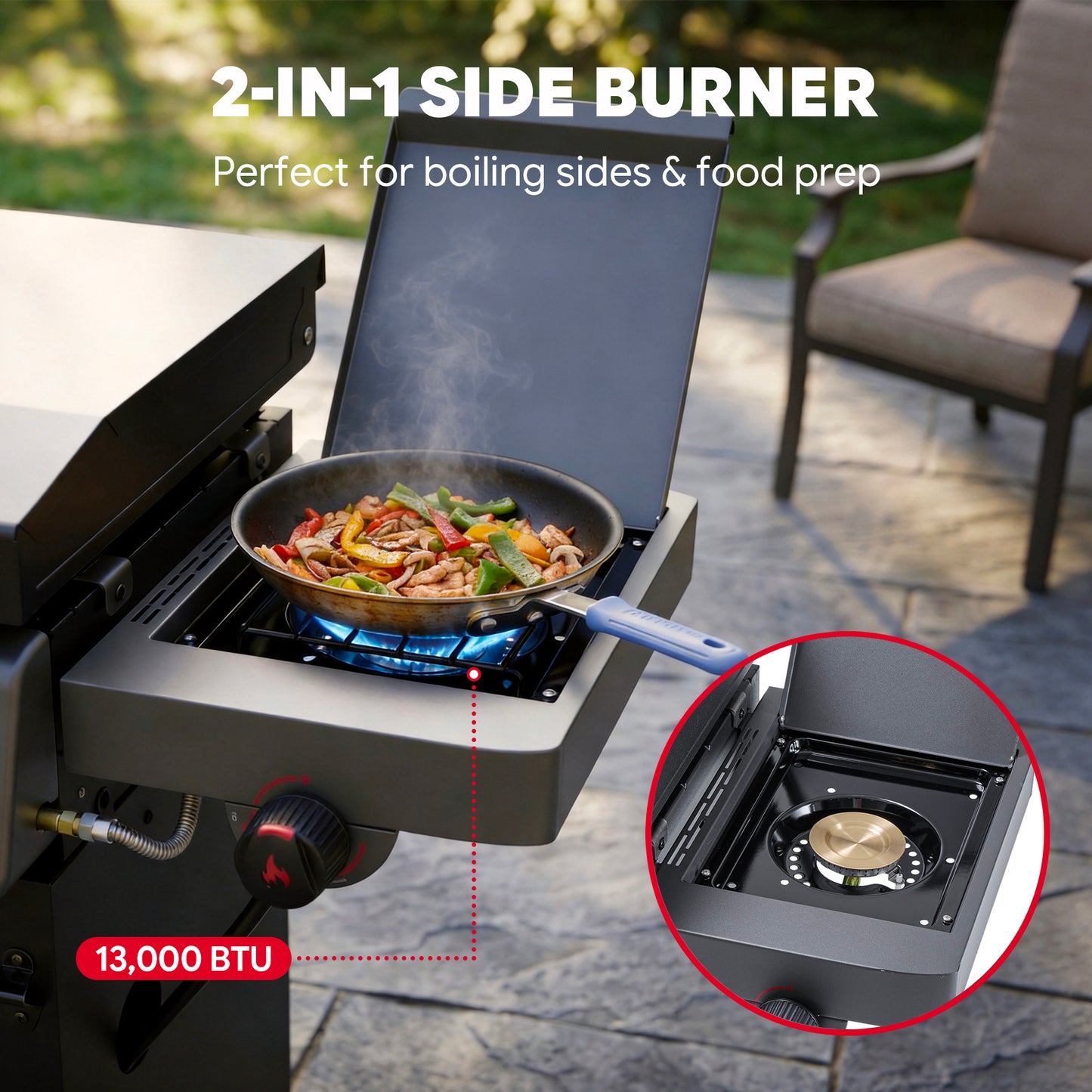 FEASTO 36" 4-Burner Propane Gas Griddle with Side Burner and Cabinet, 50,000 BTU, 720 Sq. In. Cooking Area, Outdoor Flat Top Grill with Hood, Grease Cup, Disposable Foil Liners & Foldable Side Table, for Patio, Backyard, BBQ Party, Black