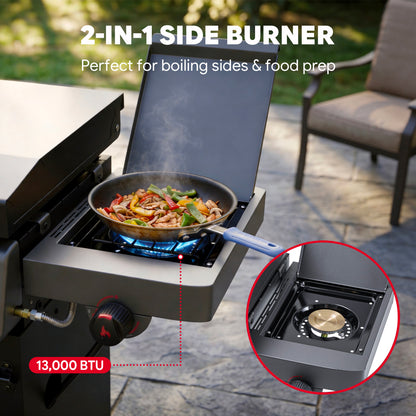 FEASTO 36" 4-Burner Propane Gas Griddle with Side Burner and Cabinet, 50,000 BTU, 720 Sq. In. Cooking Area, Outdoor Flat Top Grill with Hood, Grease Cup, Disposable Foil Liners & Foldable Side Table, for Patio, Backyard, BBQ Party, Black