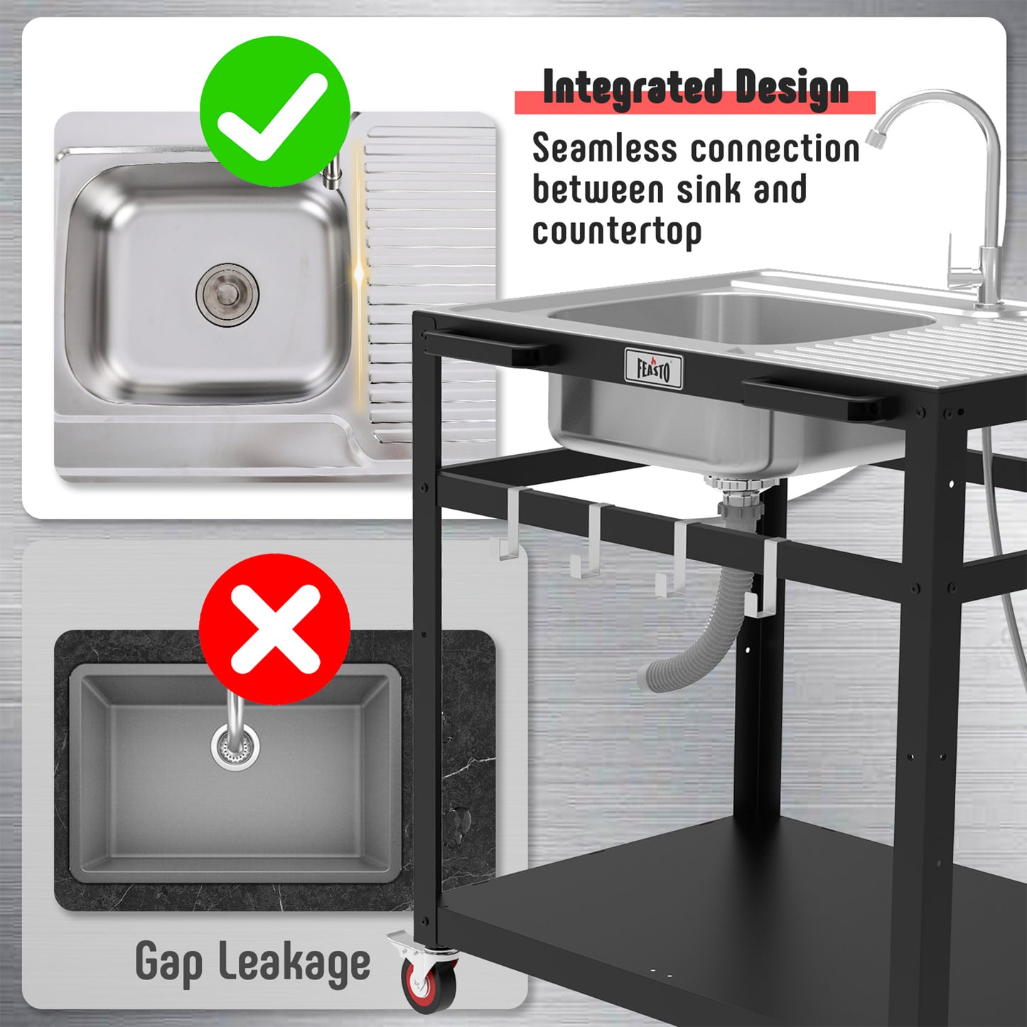 FEASTO Modular Outdoor Kitchen Sink Station Free Standing Table with Sink 304 Stainless-Steel Single Bowl Faucet & Drainboard Movable Commercial Kitchen