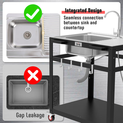 FEASTO Modular Outdoor Kitchen Sink Station Free Standing Table with Sink 304 Stainless-Steel Single Bowl Faucet & Drainboard Movable Commercial Kitchen