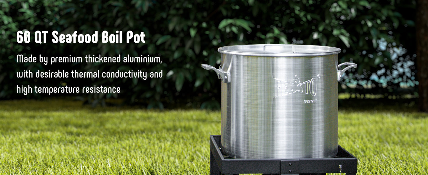 FEASTO 60QT Aluminum Boil Kit with Basket Perfect for Seafood Boiling and Steaming  Outdoor Propane Gas Cooker with Adjustable 0-10 PSI Regulator Non-Assembly Frame Stand