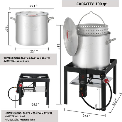 FEASTO 100QT Aluminum Boil Kit with Basket Perfect for Seafood Boiling and Steaming Outdoor Propane Gas Cooker with Adjustable 0-10 PSI Regulator Non-Assembly Frame Stand