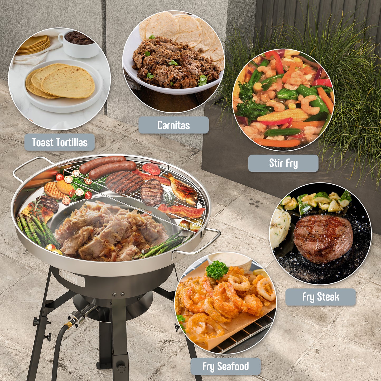 Feasto 23" Stainless Steel Concave Comal Set, Discada Disc Cooker with 54,000BTU Paella Burner and Adjustable Stand Set, Cazo Para Carnitas Tortillas Stir Fry Wok for Outdoor Cooking, CSA Certified