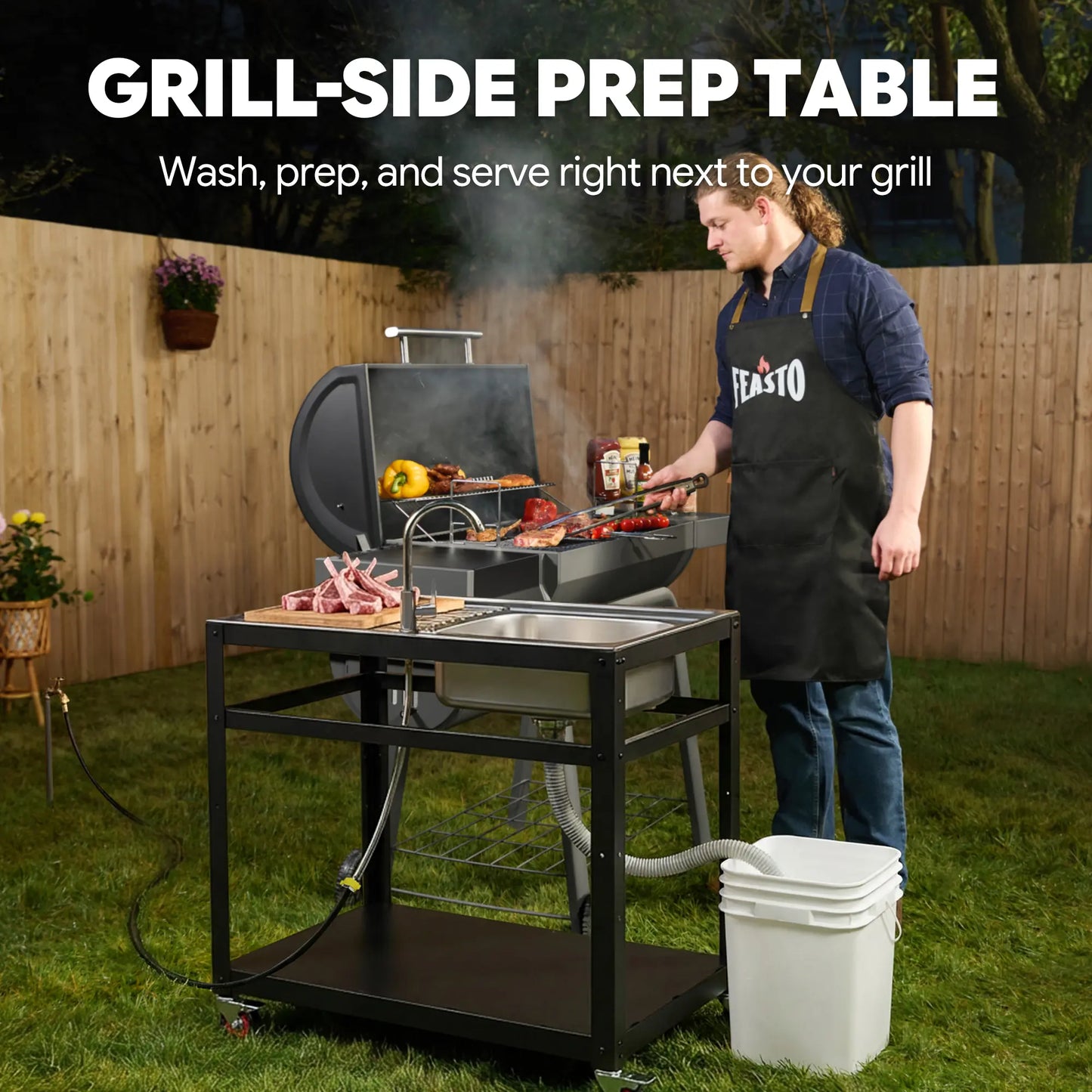 35-Inch Outdoor Grill Cart with Stainless Steel Sink, Rolling BBQ Prep Table with Faucet