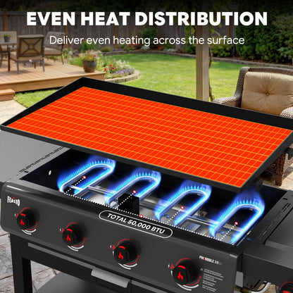 FEASTO 36" 4-Burner Propane Gas Griddle with Side Burner, 63,000 BTU, 720 Sq. In. Cooking Area, Outdoor Flat Top Grill with Grease Cup, Disposable Foil Liners & Foldable Side Table, for Patio, Backyard, BBQ Party, Black