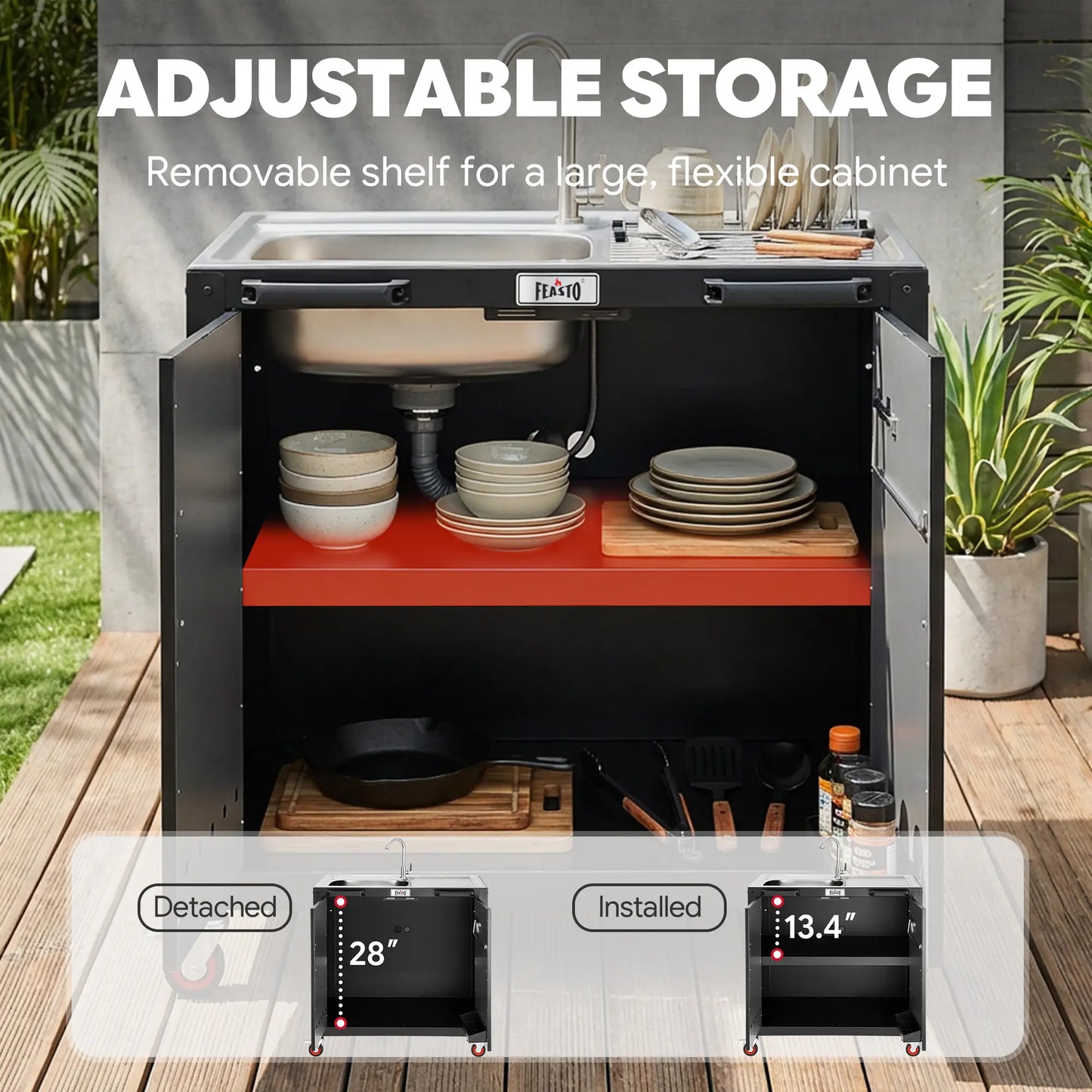 Outdoor kitchen setup with adjustable storage shelf, sink, and various kitchen items.