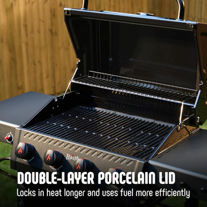 4-Burner Propane Gas Grill with 2 Side Tables and Porcelain-Enameled Grates, Black