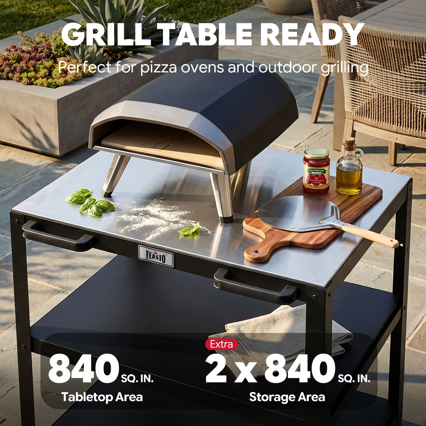 Feasto 3-Shelf Movable Pizza Oven Table for Outdoor, 304 Stainless Steel Grill Cart(Add to cart and enjoy an additional 7% discount)
