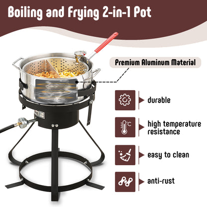 10 Qt Aluminum Outdoor Propane Gas Fish Fryer Pot Kit with Strainer Basket, 50,000 BTU Burner, Adjustable 0-5 PSI Regulator, Perfect for Boiling and Frying
