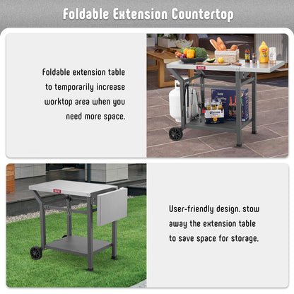 Feasto Outdoor Grill Table, 40’’x20’’, Movable Pizza Oven Table with Wheels, Stainless Steel Countertop Grill Cart with Storage Shelf & Foldable Extension Table, 6 Extra Hooks,for BBQ Food Prep