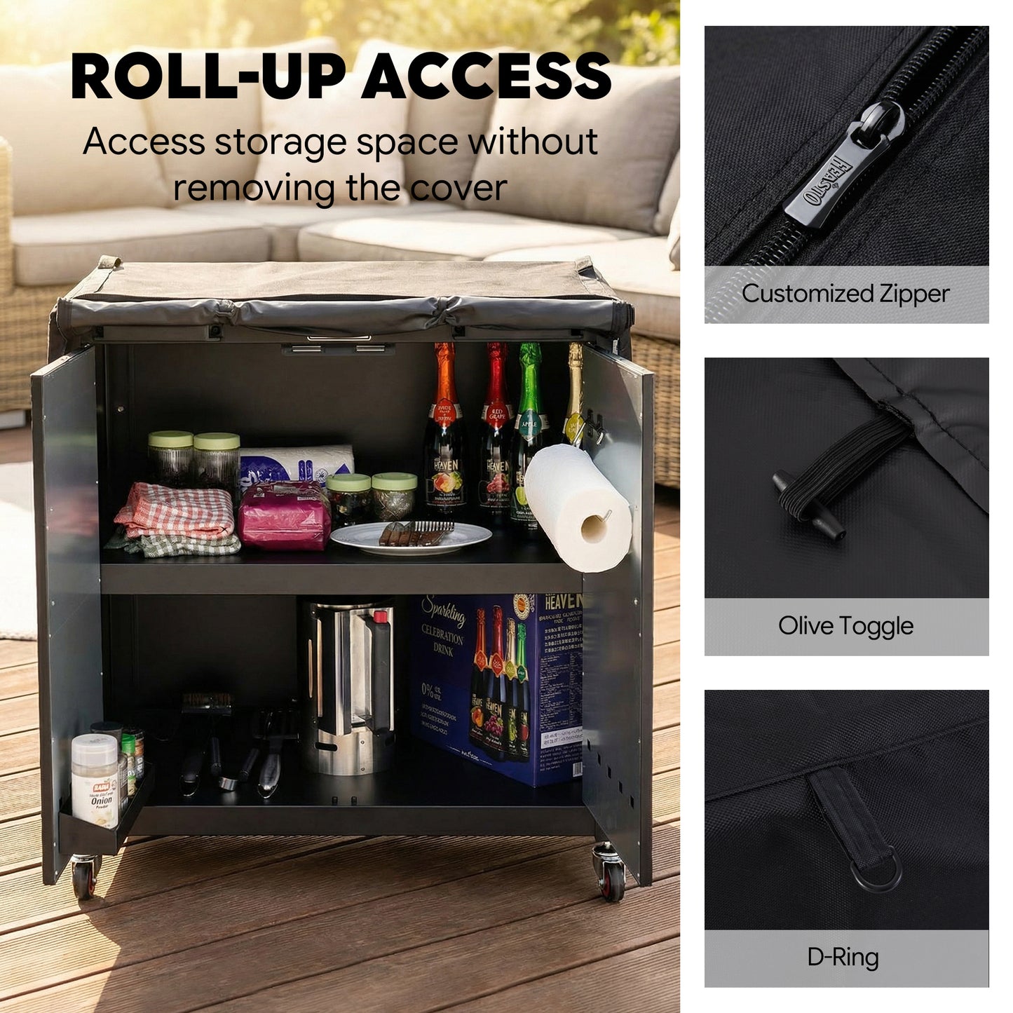 FEASTO 36-Inch Outdoor Prep Table Cover, Waterproof 600D Grill Cart Cover with Roll-Up Zippered Door, for Kitchen Island & Outdoor Storage Cabinet, Black