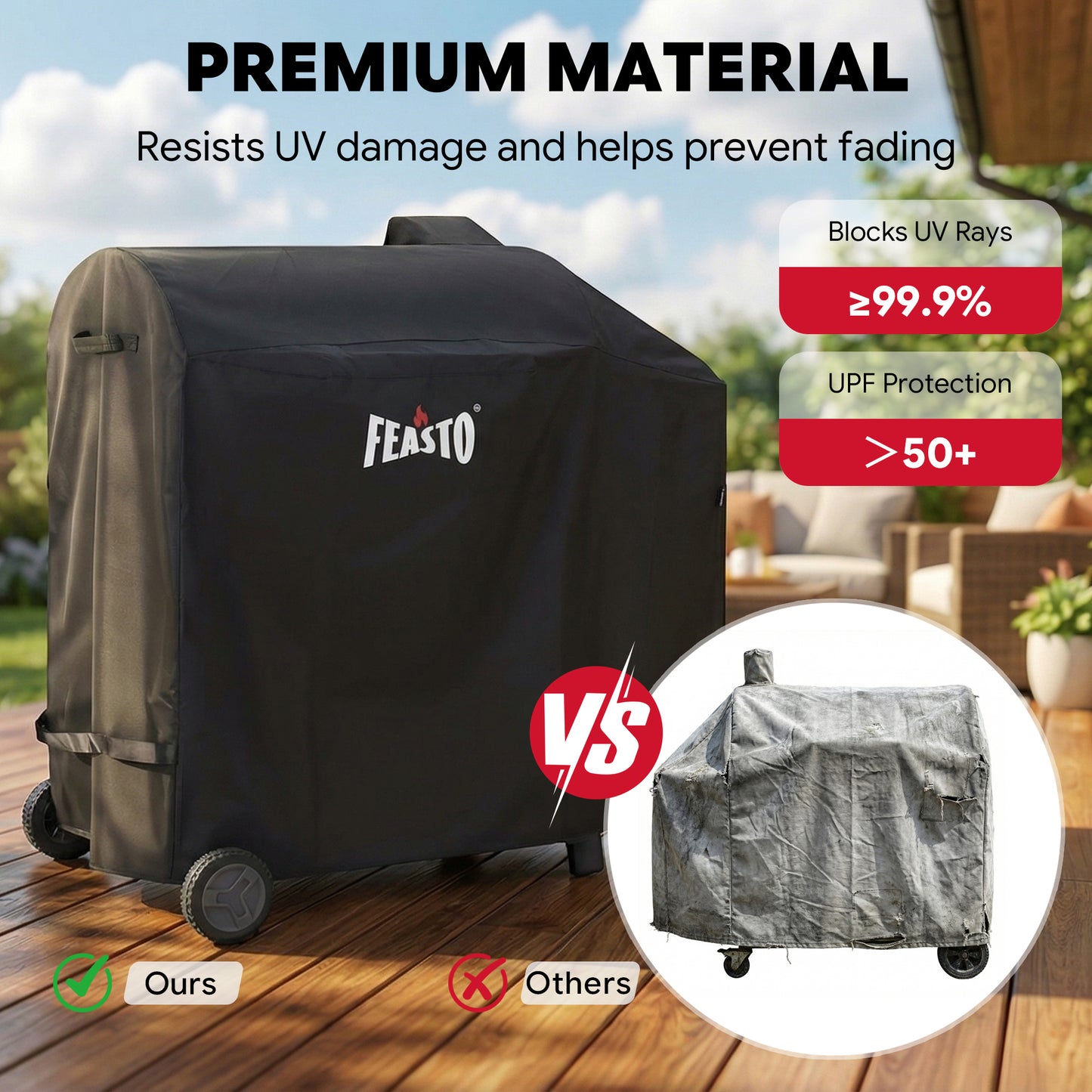 FEASTO 44-Inch Outdoor Grill Cover for Charcoal Grill with Side Table, Waterproof 600D Heavy Duty BBQ Grill Cover, with Handles & Hook and Loop Straps, Black