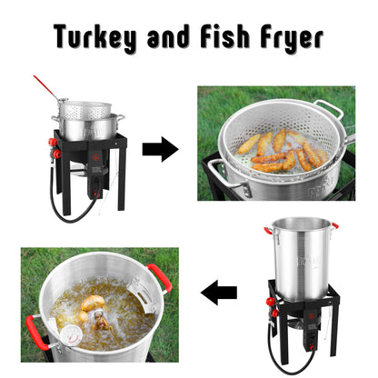 FEASTO 4 in 1 Turkey and Fish Fryer Set with 30 Qt & 10 Qt Aluminum Pots Electronic Ignition Outdoor Propane Gas Cooker with Adjustable 0-10 PSI Regulator Non-Assembly Frame Stand