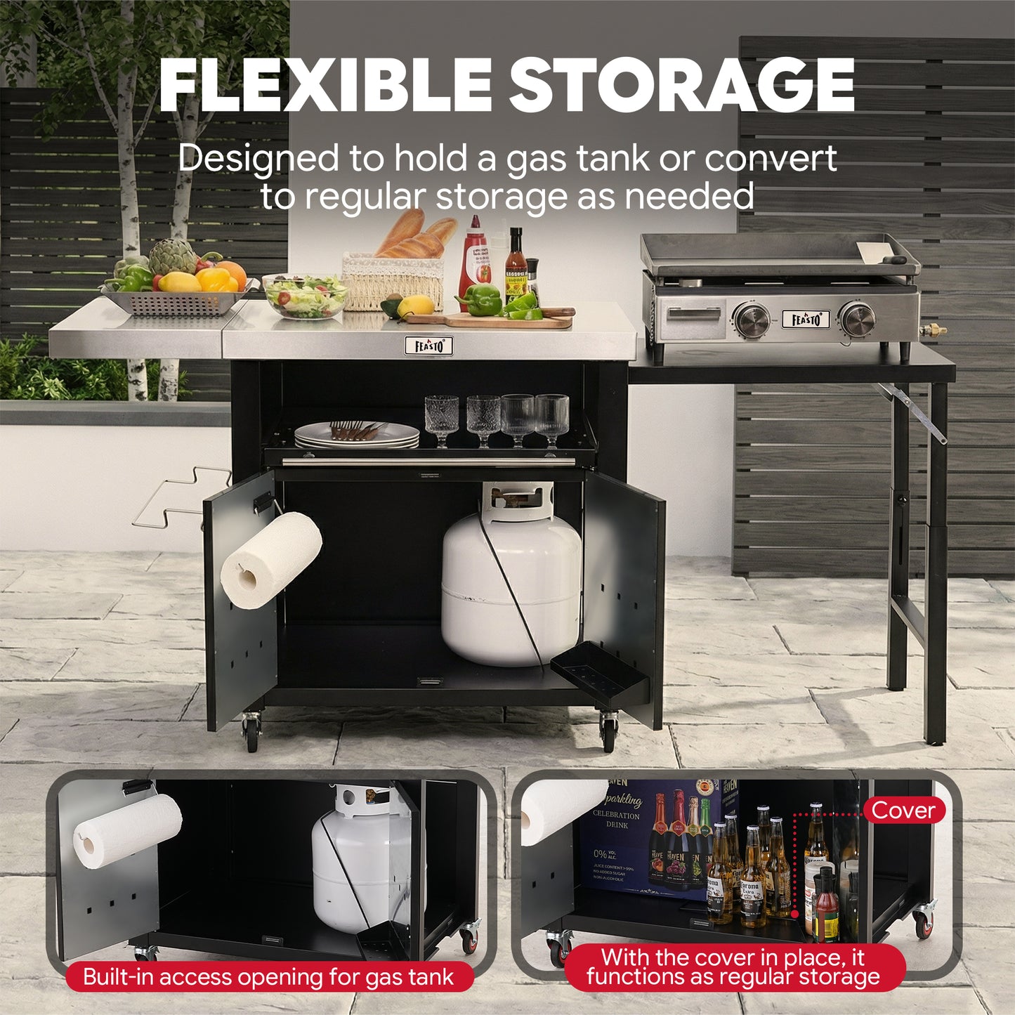 Feasto Outdoor Movable Kitchen Island With 2 Foldable Side Tables & Pull-Out Plate(Add to cart and enjoy an additional 10% discount)