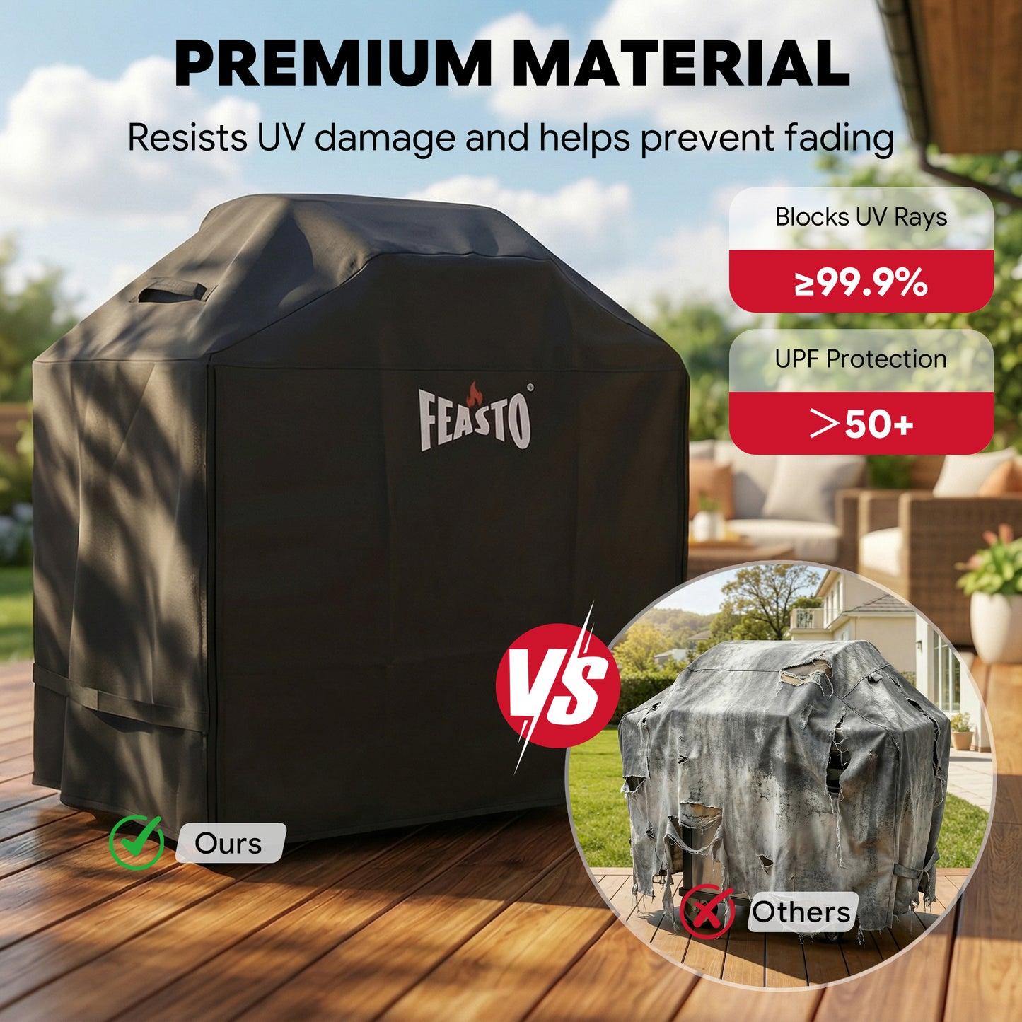 FEASTO 44-Inch Outdoor Grill Cover for 2 Burner Gas Grill, Waterproof 600D Heavy Duty BBQ Grill Cover, with Handles & Hook and Loop Straps, Black