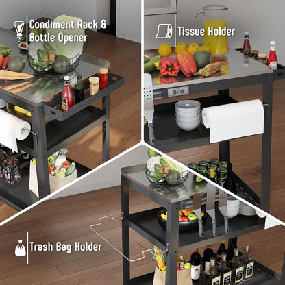 FEASTO  31.5"x18" Outdoor Grill Cart with Stainless Steel Tabletop, Movable Grill Table with Seasoning Rack & Magnetic Tools Holder, Backyard BBQ Kitchen Food Prep Table for Portable Grill & Pizza Oven