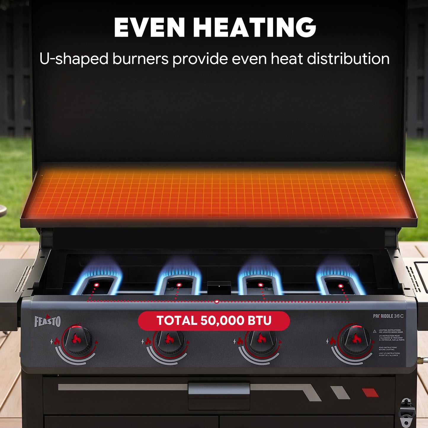 FEASTO 36" 4-Burner Propane Gas Griddle with Side Burner and Cabinet, 50,000 BTU, 720 Sq. In. Cooking Area, Outdoor Flat Top Grill with Hood, Grease Cup, Disposable Foil Liners & Foldable Side Table, for Patio, Backyard, BBQ Party, Black
