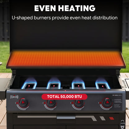 FEASTO 36" 4-Burner Propane Gas Griddle with Side Burner and Cabinet, 50,000 BTU, 720 Sq. In. Cooking Area, Outdoor Flat Top Grill with Hood, Grease Cup, Disposable Foil Liners & Foldable Side Table, for Patio, Backyard, BBQ Party, Black