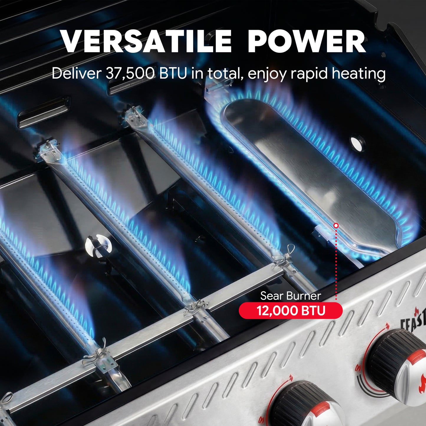 FEASTO Stainless Steel 4-Burner Propane Gas Grill with Sear Burner & Side Burner, Stainless Steel Construction with Porcelain-Enameled Main Body, 49,500 BTU Outdoor BBQ Grill, 563 Sq. In. Cabinet Storage, Backyard Patio Barbecue Grill, Silver