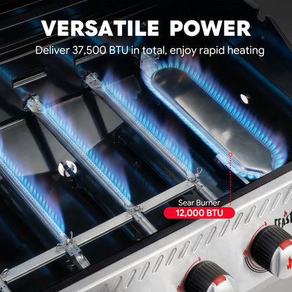 FEASTO Stainless Steel 4-Burner Propane Gas Grill with Sear Burner & Side Burner, Stainless Steel Construction with Porcelain-Enameled Main Body, 49,500 BTU Outdoor BBQ Grill, 563 Sq. In. Cabinet Storage, Backyard Patio Barbecue Grill, Silver