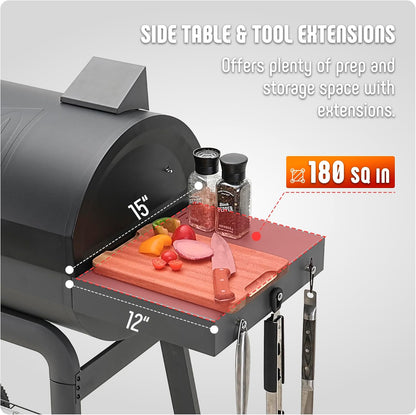 Barbecue grill with side table and tool extensions, featuring a cutting board and ingredients.