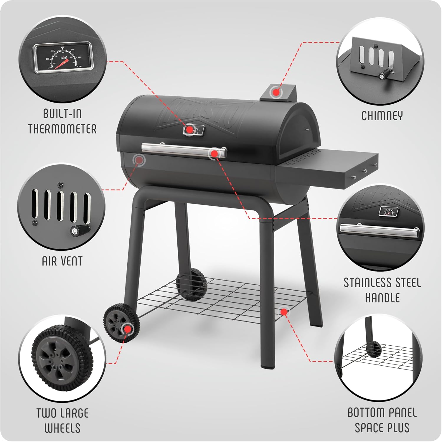 Black barbecue grill with features highlighted on a gray background