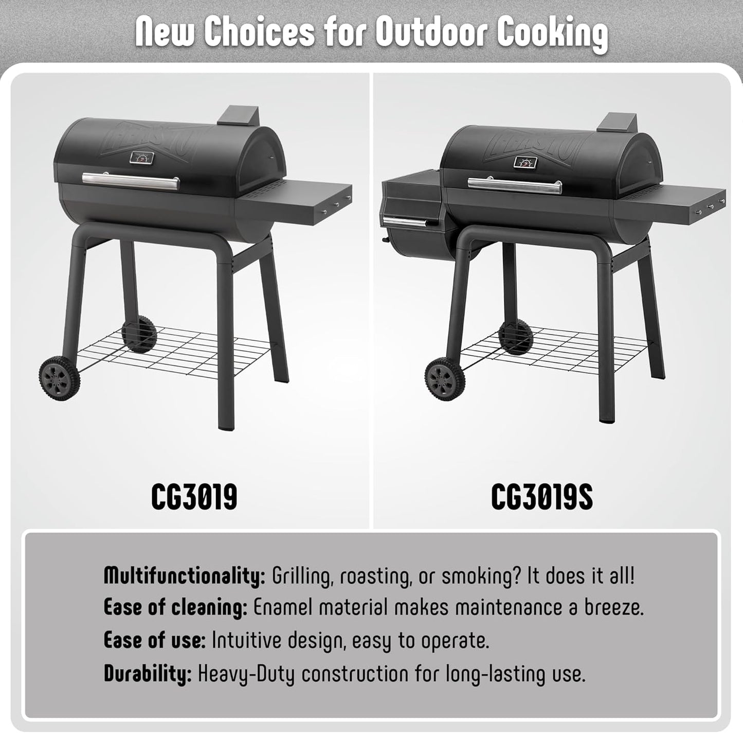 Two models of a black grill with labels CG3019 and CG3019S on a gray background.