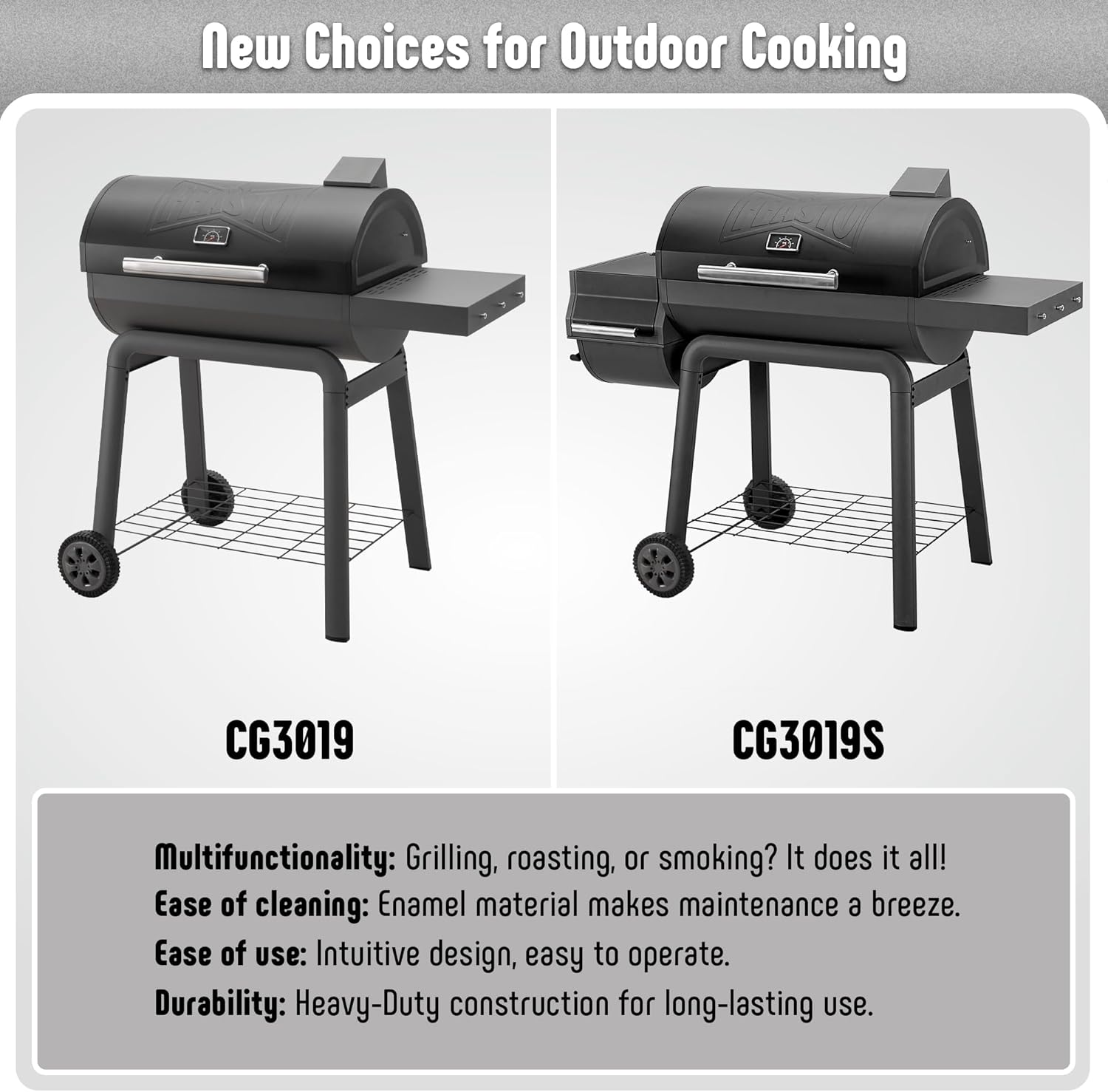 Two models of a black grill with labels CG3019 and CG3019S on a gray background.