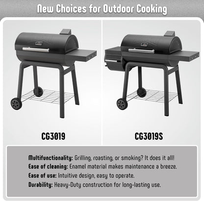 Two models of a black grill with labels CG3019 and CG3019S on a gray background.