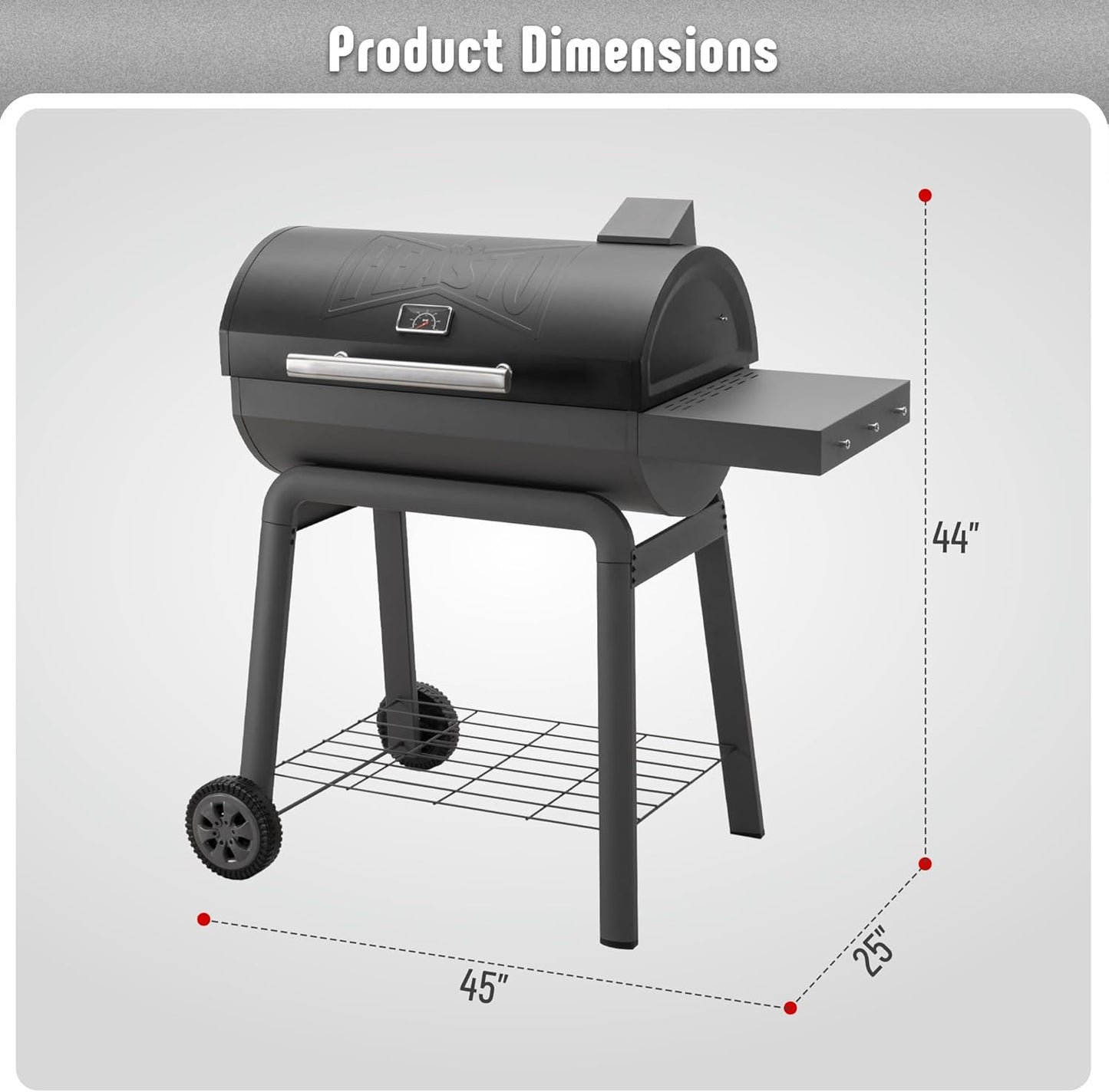 Black barbecue grill with dimensions indicated on a gray background