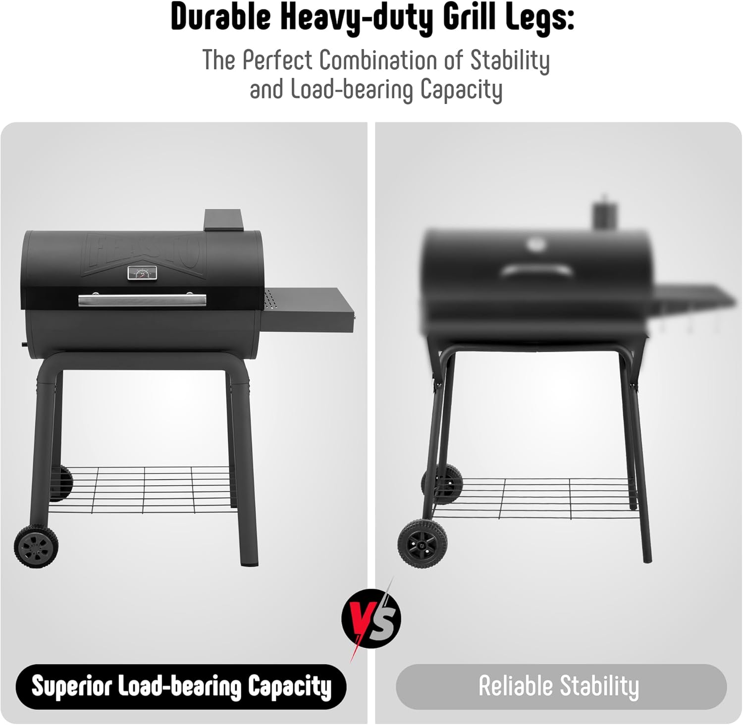Comparison of a grill with durable heavy-duty grill legs on a white background.