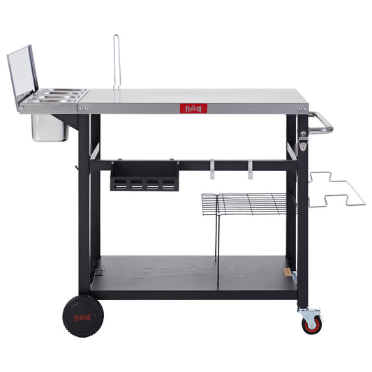 FEASTO Pizza Oven Table with Stainless Steel Top, Outdoor Pizza Prep Station with One-Piece Topping Holder and 4 Upgraded Containers (0.9L&1.5L), Grill Cart with Storage & Lockable Wheels, Silver & Black