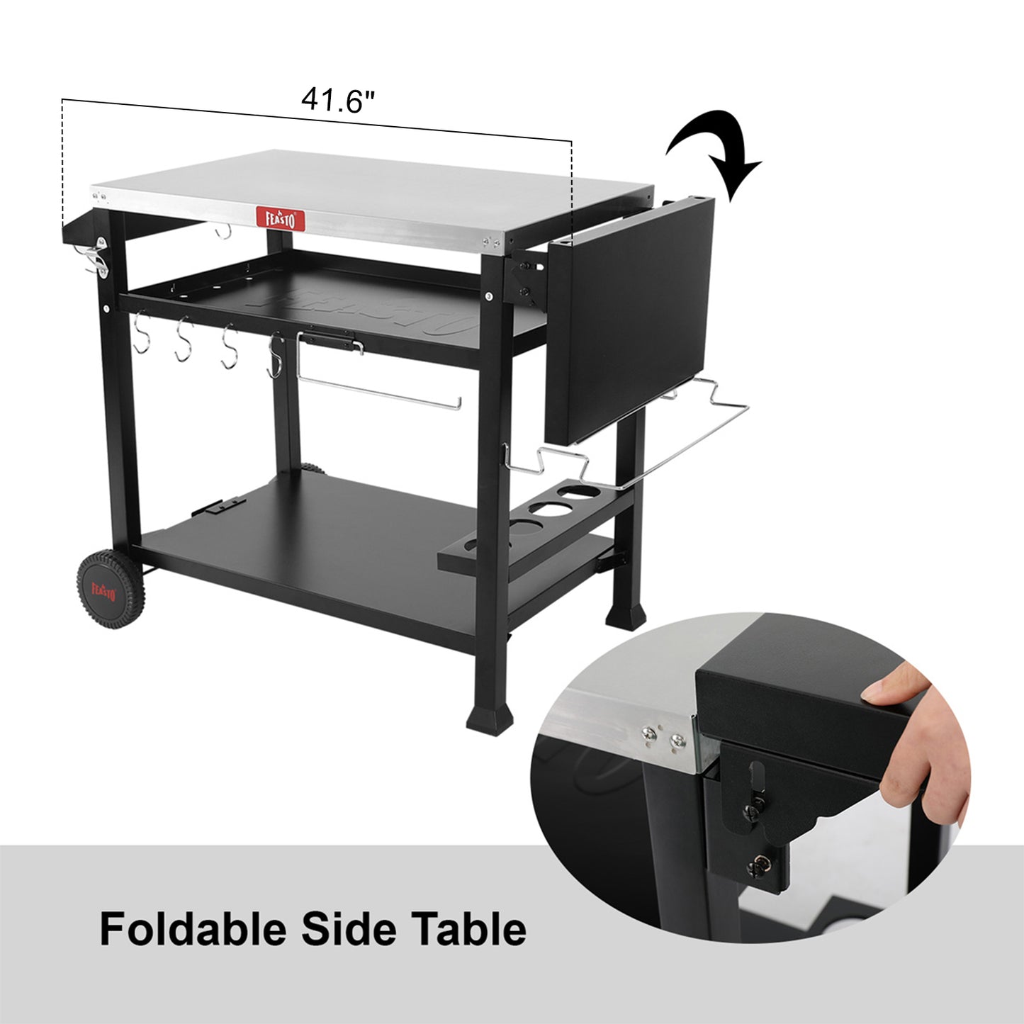 FEASTO Three-Shelf Movable Food Prep Cart Table  Home and Outdoor Multifunctional Stainless Steel Table Top Worktable on Two Wheels L50’’x W21.7’’x H33’’