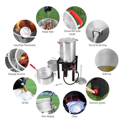 FEASTO 4 in 1 Turkey and Fish Fryer Set with 30 Qt & 10 Qt Aluminum Pots Electronic Ignition Outdoor Propane Gas Cooker with Adjustable 0-10 PSI Regulator Non-Assembly Frame Stand