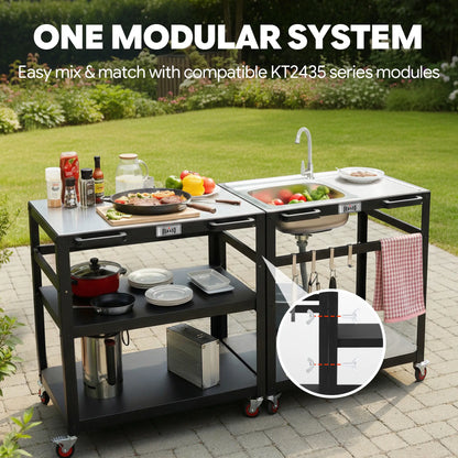 35-Inch Outdoor Grill Cart with Stainless Steel Sink, Rolling BBQ Prep Table with Faucet