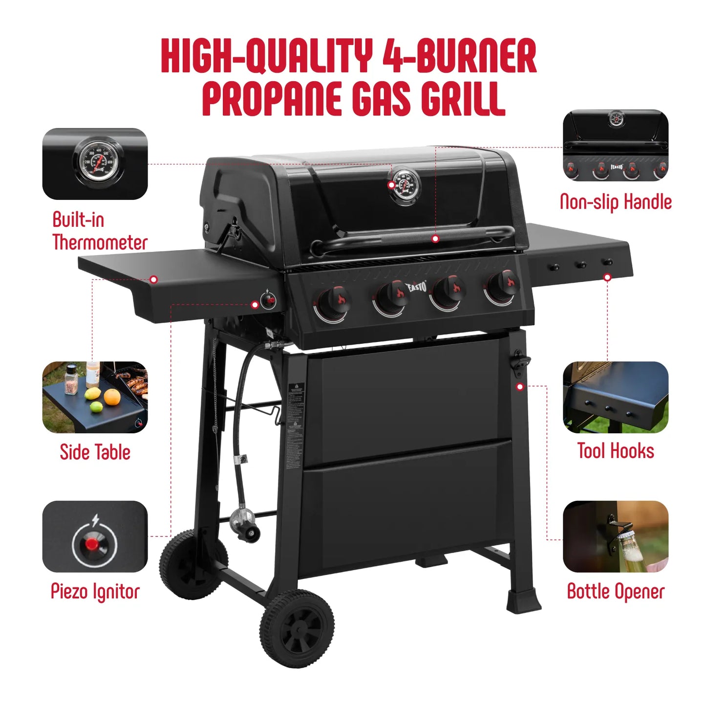 4-Burner Propane Gas Grill with 2 Side Tables and Porcelain-Enameled Grates, Black