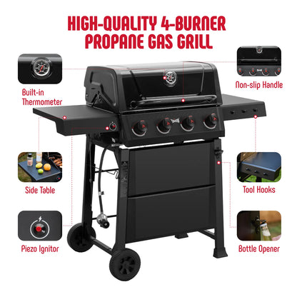 4-Burner Propane Gas Grill with 2 Side Tables and Porcelain-Enameled Grates, Black
