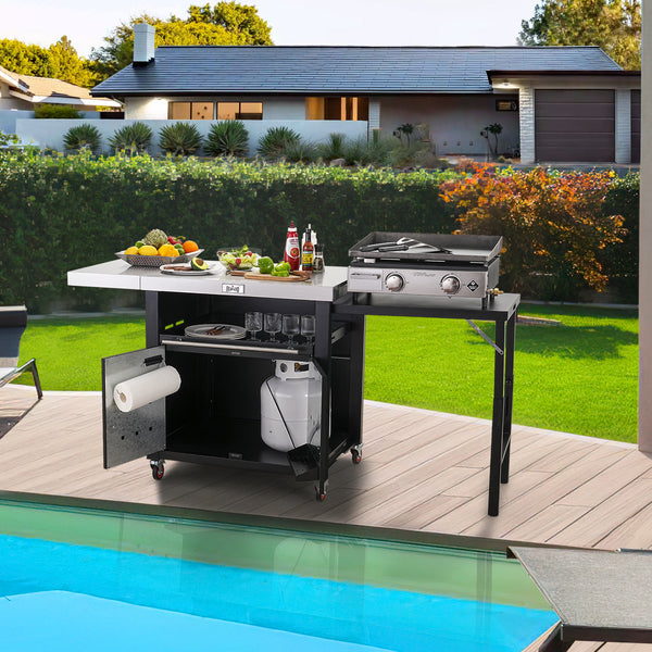 Outdoor Movable Kitchen Island With 2 Foldable Side Tables & Pull-Out Plate