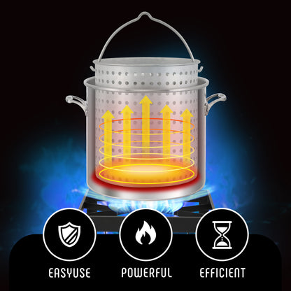 FEASTO 100QT Aluminum Boil Kit with Basket Perfect for Seafood Boiling and Steaming Outdoor Propane Gas Cooker with Adjustable 0-10 PSI Regulator Non-Assembly Frame Stand