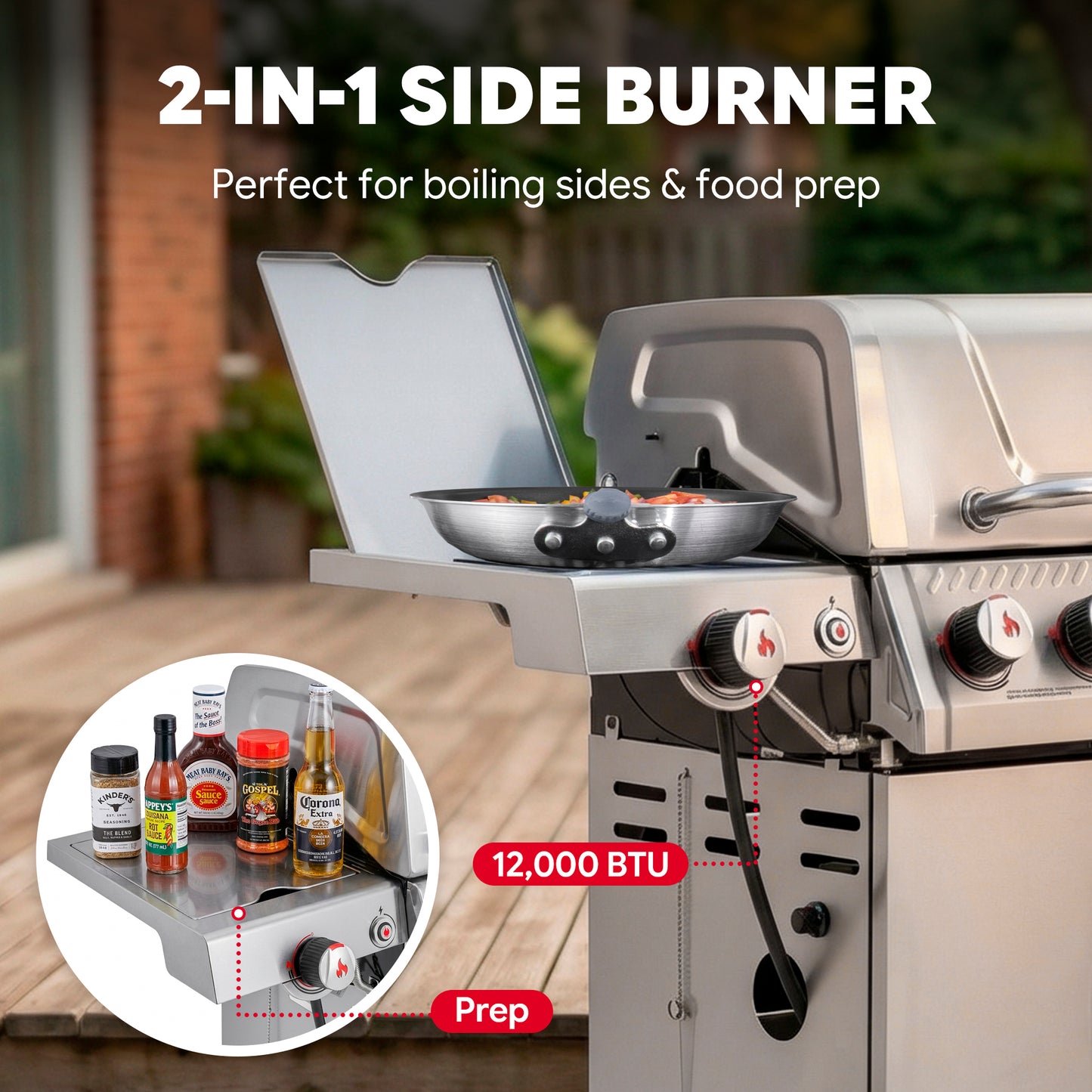 FEASTO Stainless Steel 4-Burner Propane Gas Grill with Sear Burner & Side Burner, Stainless Steel Construction with Porcelain-Enameled Main Body, 49,500 BTU Outdoor BBQ Grill, 563 Sq. In. Cabinet Storage, Backyard Patio Barbecue Grill, Silver