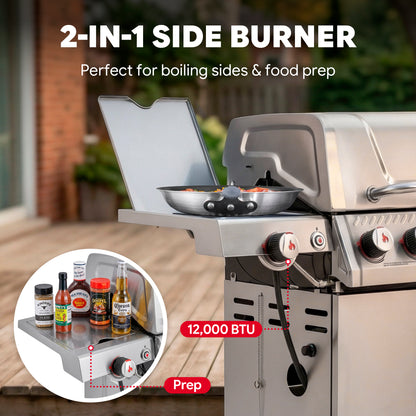 FEASTO Stainless Steel 4-Burner Propane Gas Grill with Sear Burner & Side Burner, Stainless Steel Construction with Porcelain-Enameled Main Body, 49,500 BTU Outdoor BBQ Grill, 563 Sq. In. Cabinet Storage, Backyard Patio Barbecue Grill, Silver
