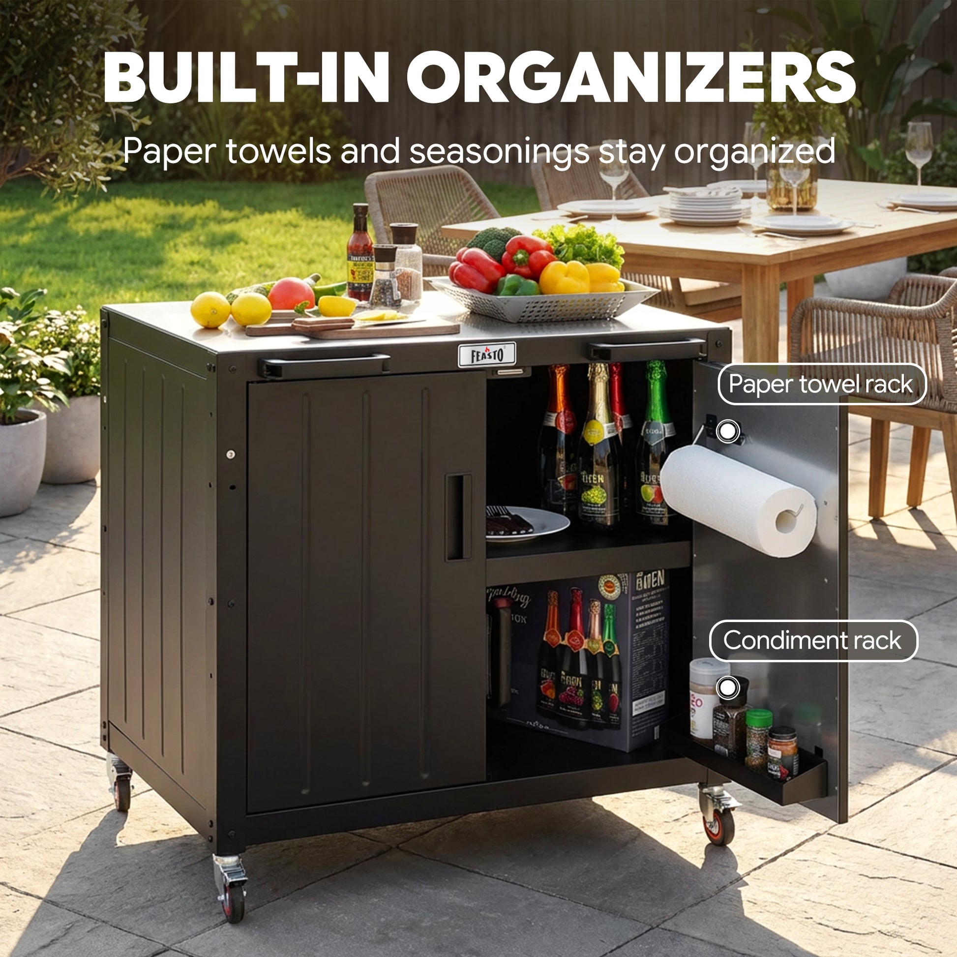 All in one - outdoor kitchen island with paper towel rack and condiment rack