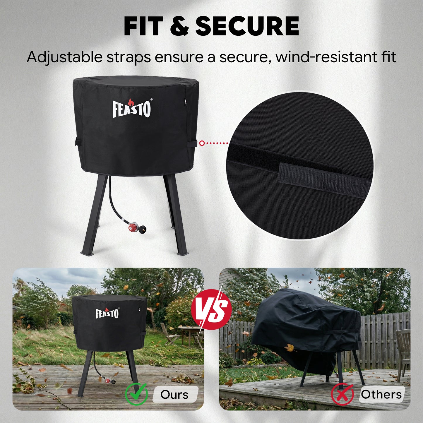 FEASTO 28-Inch Outdoor Concave Comal Cover, Waterproof 600D Heavy Duty BBQ Grill Cover, with Hook and Loop Straps, Black